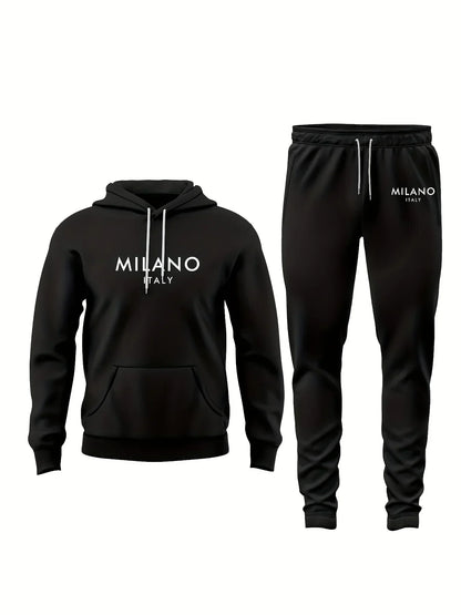 Men's Autumn/Winter Casual Warm MILANO ITALY Letter Printed Loose Thick Velvet Sports Hoodie+Sweatpants Set