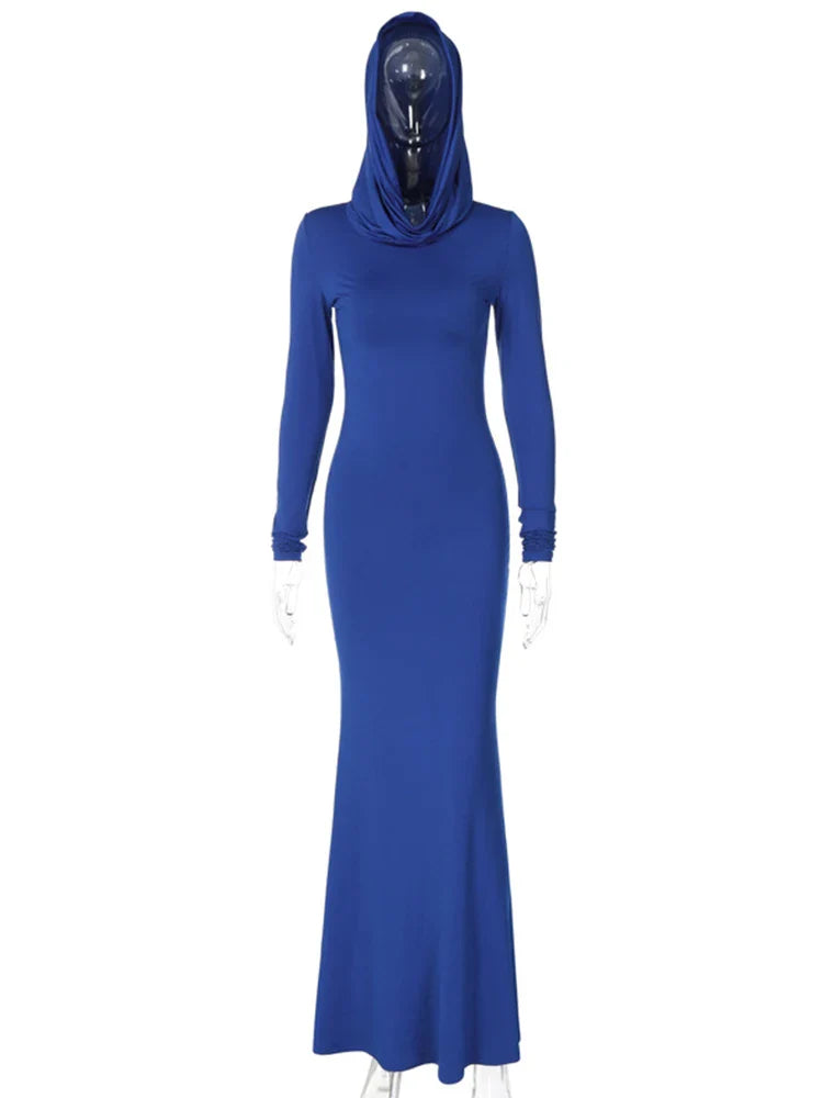 Fashion Sexy Solid Hooded Maxi Dresses Women Elegant Casual Long Sleeve Slim Bodycon Party Vestidos Robes Streetwear