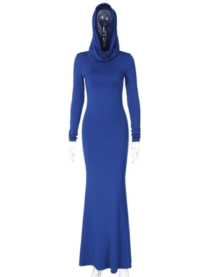 Fashion Sexy Solid Hooded Maxi Dresses Women Elegant Casual Long Sleeve Slim Bodycon Party Vestidos Robes Streetwear