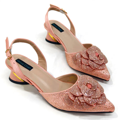 Evening Shoes and Bags Set with Full Diamond Handmade Petal Clutches Pointed Toe Peach Color Mid-Heel Women Shoes