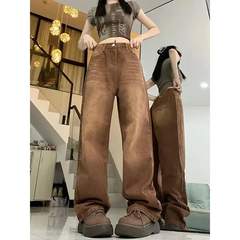 Calça Jeans Marrom Retrô Feminina de Cintura Alta Reta Solta com Perna Larga, Versão Coreana, Modelo Niche, Nova Coleção Inverno