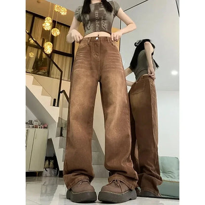 Calça Jeans Marrom Retrô Feminina de Cintura Alta Reta Solta com Perna Larga, Versão Coreana, Modelo Niche, Nova Coleção Inverno