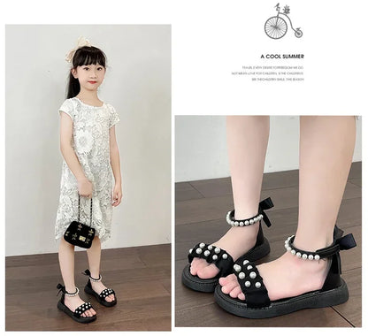 Children's Sandals Summer Bowtie Princess Shoes for Girls Fashion Sweet Kids Causal Pearl Roman Sandals Solid Color Hook Loop