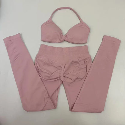 2pcs Seamless Yoga Set Women Yoga Scrunch Leggings Set Strappy Halter Sports Bra Fitness Gym Clothing Workout Set