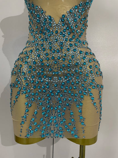 STOCK Sparkly Rhinestones Sexy Mesh See Through Dress Party Evening Prom Celebrate Birthday Dress Singer Dancer Show Stage Wear