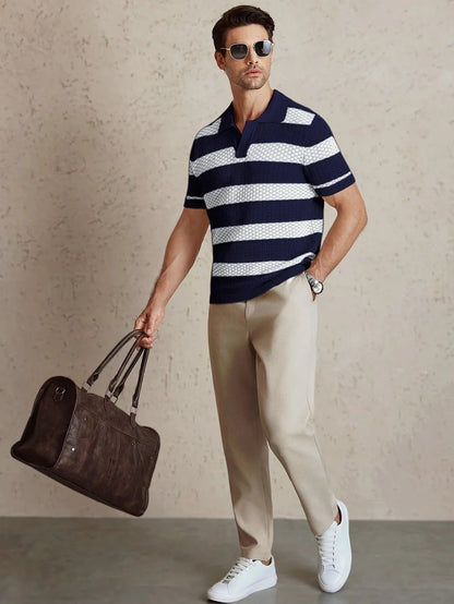 Daily Casual Mens Knitted Polo Shirts 2026 Summer Fashion Striped Contrast Color Knit Pullovers Men Stylish Turn-down Collar Top
