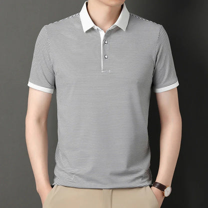 2024 Men's New Striped Cotton Business Casual Short Sleeved POLO Shirt Fashion Short Sleeved Comfortable and Breathable Top