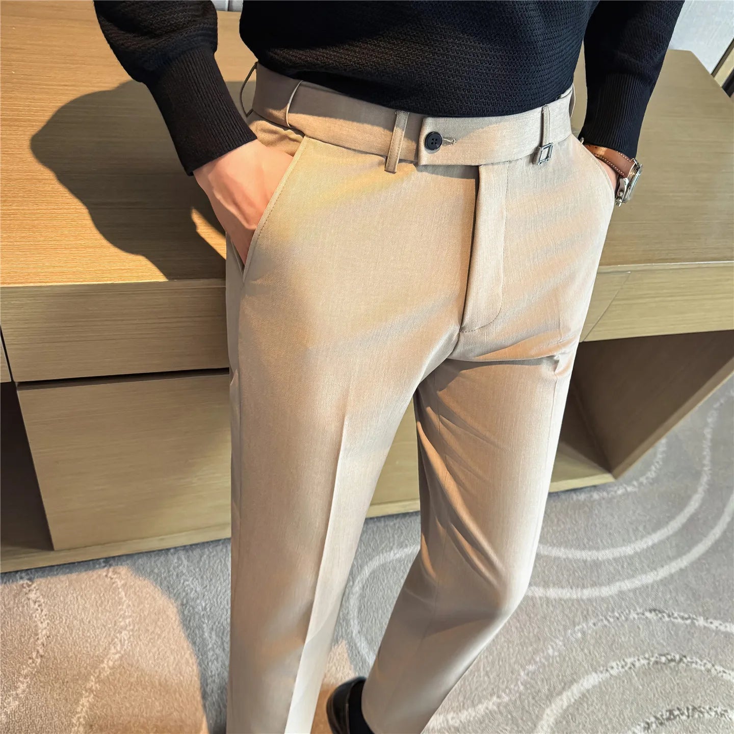Spring Autumn High Quality Men's Elastic Waist Suit Pants Fashion Smart Casual Slim Fit Suit Trousers Men Solid Full Length Pant