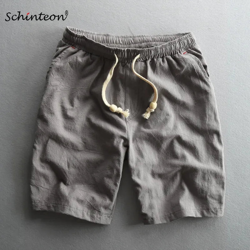 Summer Men Casual Cotton Linen Shorts Knee Length Beach Elastic Waist Shorts Solid Color Comfortable Pants New