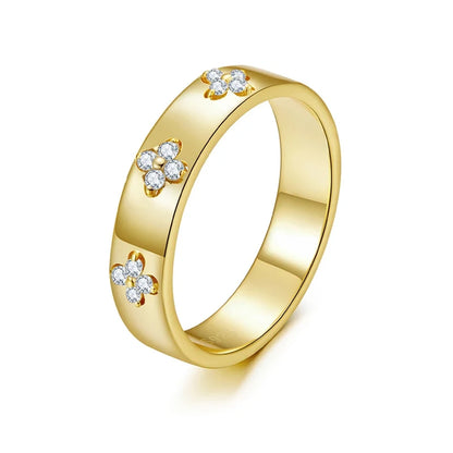 925 Sterling Silver Lucky Clover Moissanite Ring, Gold Plated D Color Round Cut Wide Band Ring for Women Wedding Gift