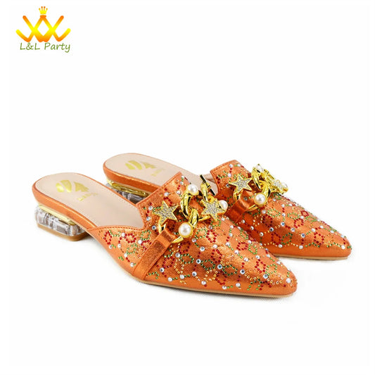Low Heels Comfortable Sweet Style Italian Design Shoes Matching Bag Set in Orange Color High Quality with Crystal for Dress