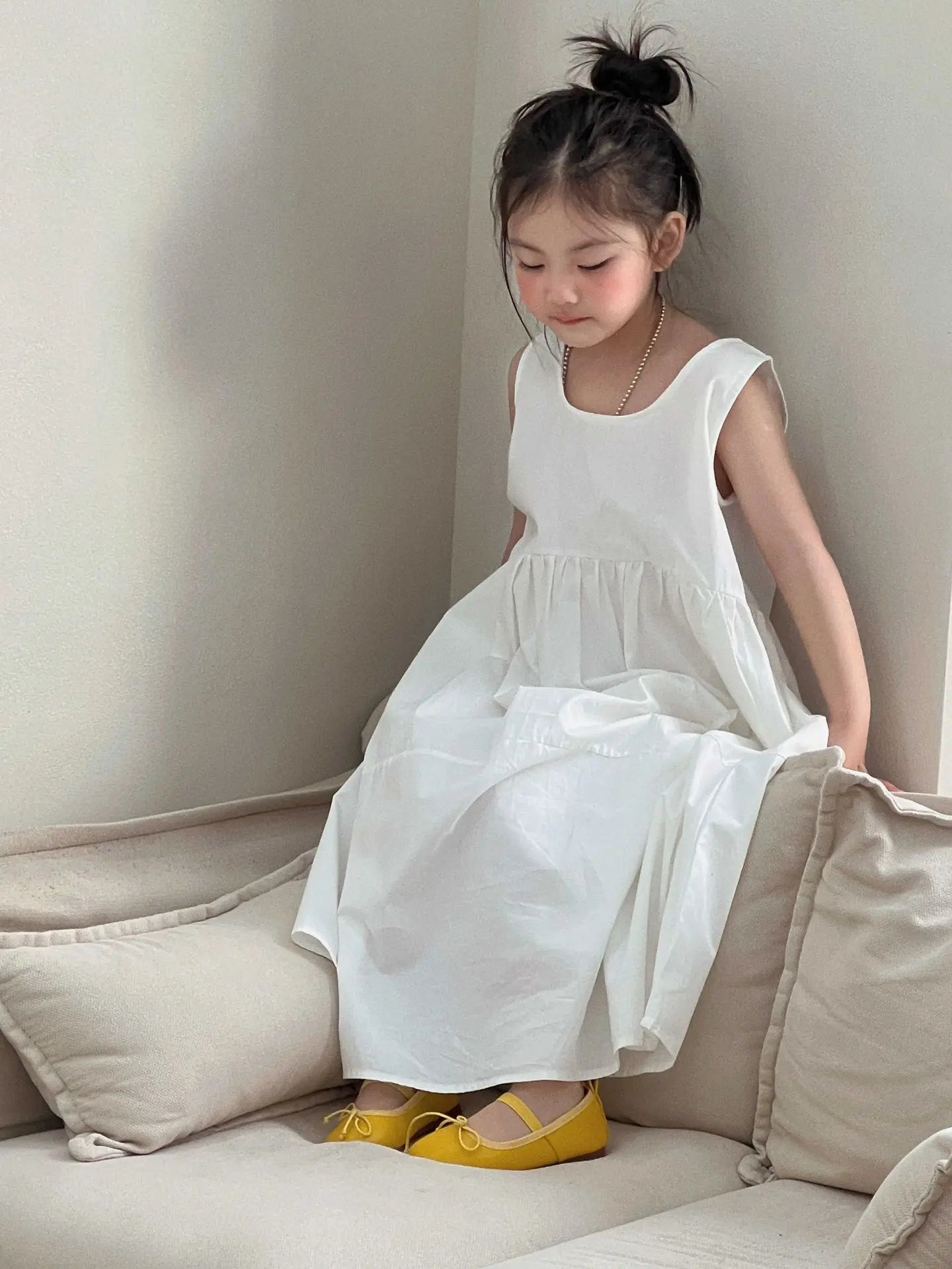 Summer White Vest Dress for Kids Girls Simple Loose Sleeveless Childrens Long Dress Cotton 2-8Y Girl Clothing Casual wear