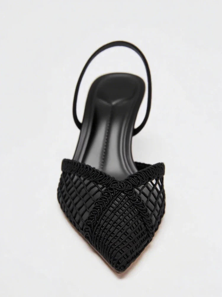 Fashion Black Hollow Mesh Woven Brand Pumps Women Comfort Pointed Toe Shallow High Heel Sandals Elegant Thin Heel Designer Shoes
