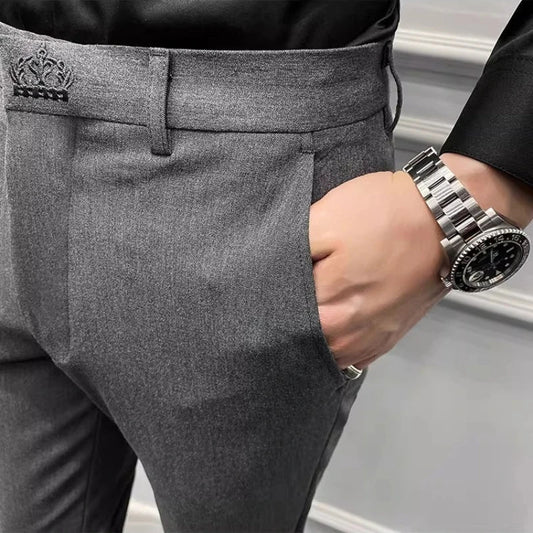 Men's Slim Fit Chino Pants with Embroidered Design - Classic Korean Style Casual Trousers for Daily Wear 28-42