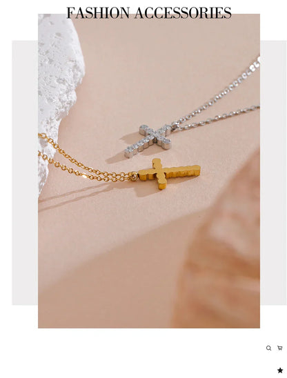 Delicate Shiny Cubic Zirconia 316L Cross Pendant Necklace for Women Stainless Steel High Quality Jewelry Water Resistant