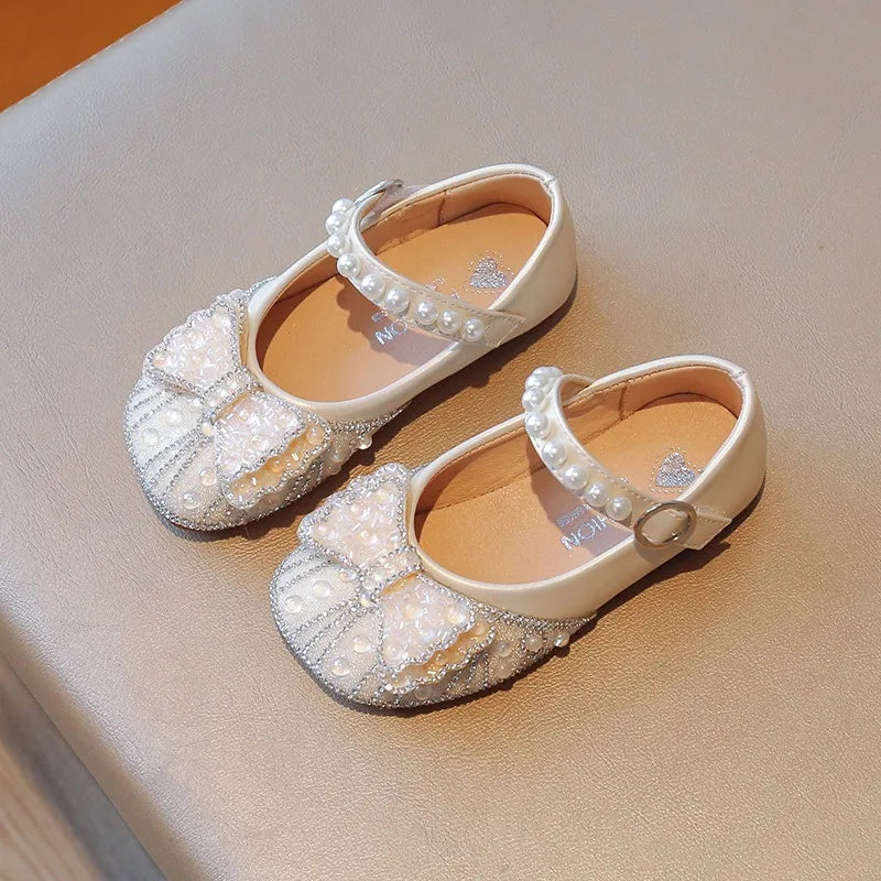 Size 23-34 Silver Bow Cute Princess Flat Shoes for Teenage Girls Casual Low Vamp Student Performance Dance Shoes