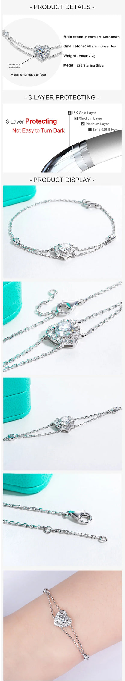 1ct Moissanite Heart Bracelet On Hand 925 Sterling Silver Lab Created Diamond 17.5cm Adjustable Bracelets For Woman