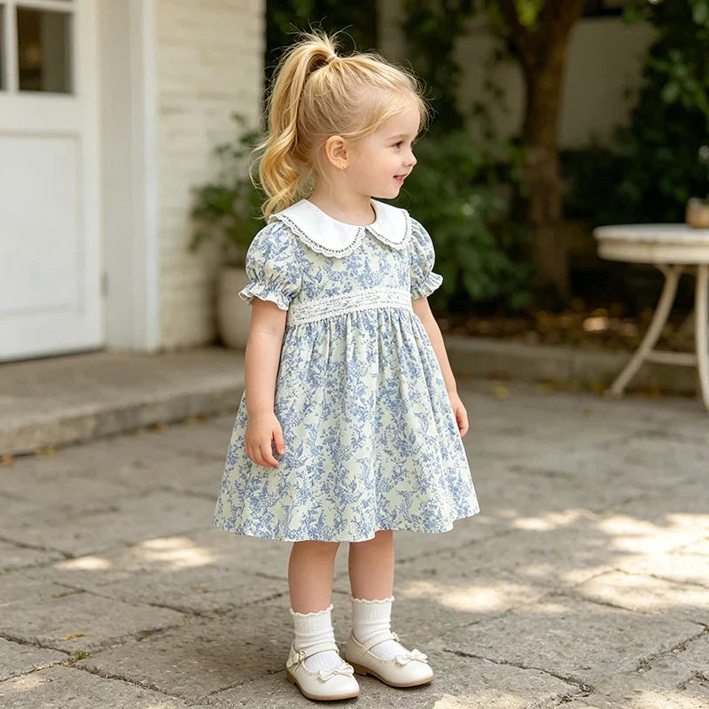 2026 Novo Vestido de Verão para Meninas Crianças 2-6 Anos Vestido de Manga Curta Bufante Estampa Floral Gola Franzida Algodão Doce