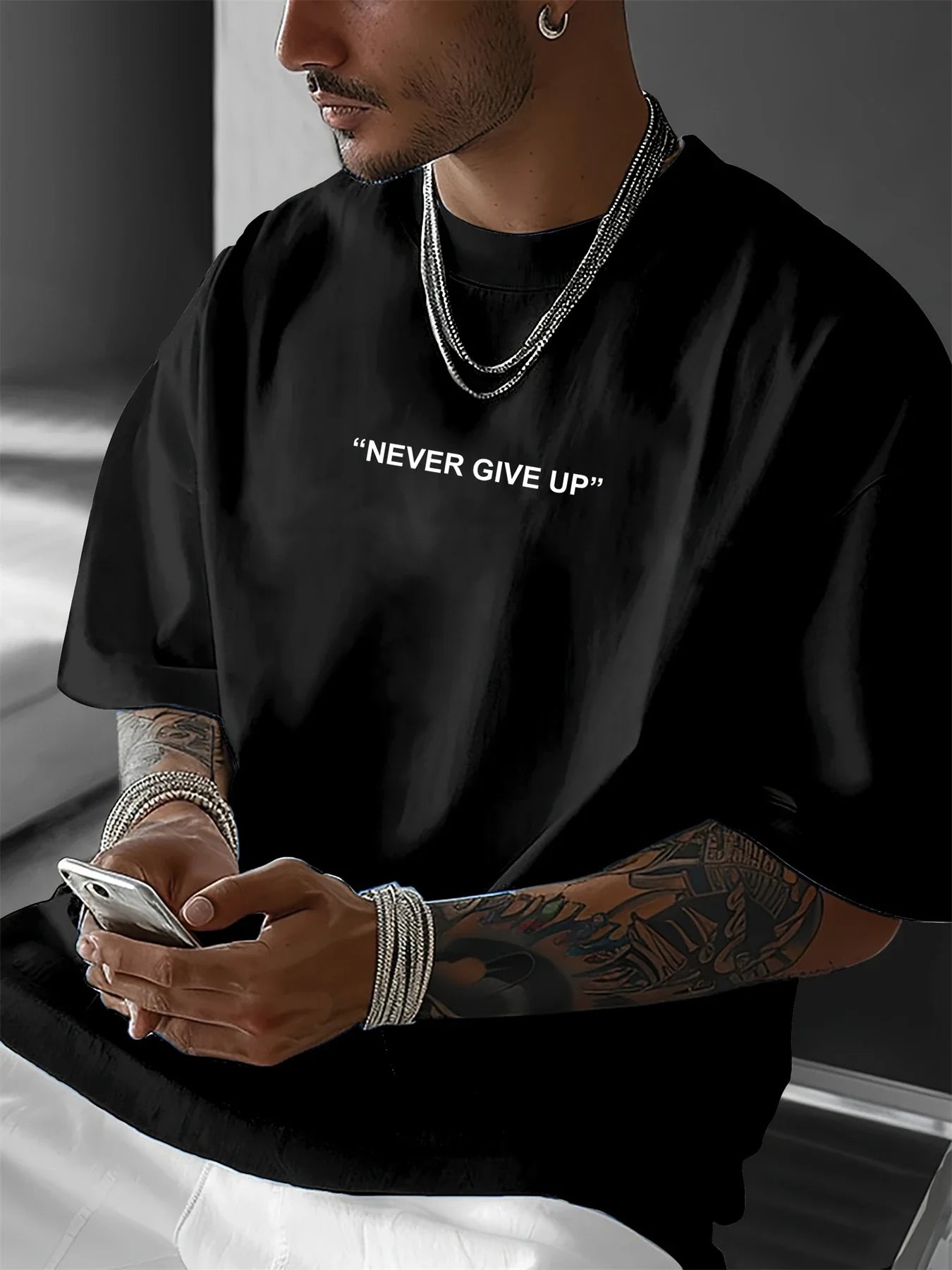 Men's summer 100 cotton fashionable casual loose plus size never give up graphic printed sports round neck short sleeved T-shirt