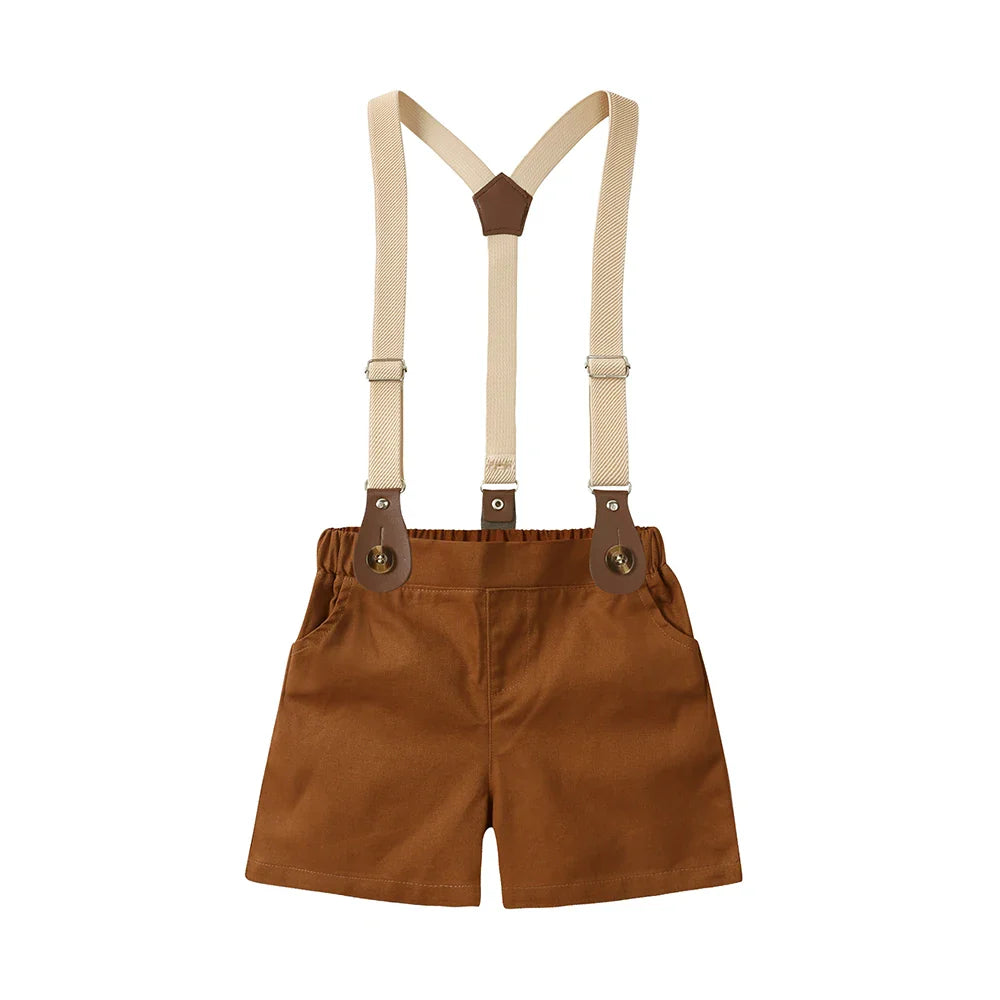 2026 Baby Boy Formal Birthday Outfit Suit Toddler Gentleman Clothes Infant Short Sleeve Bowtie Shirt+Suspender Pants Casual Sets