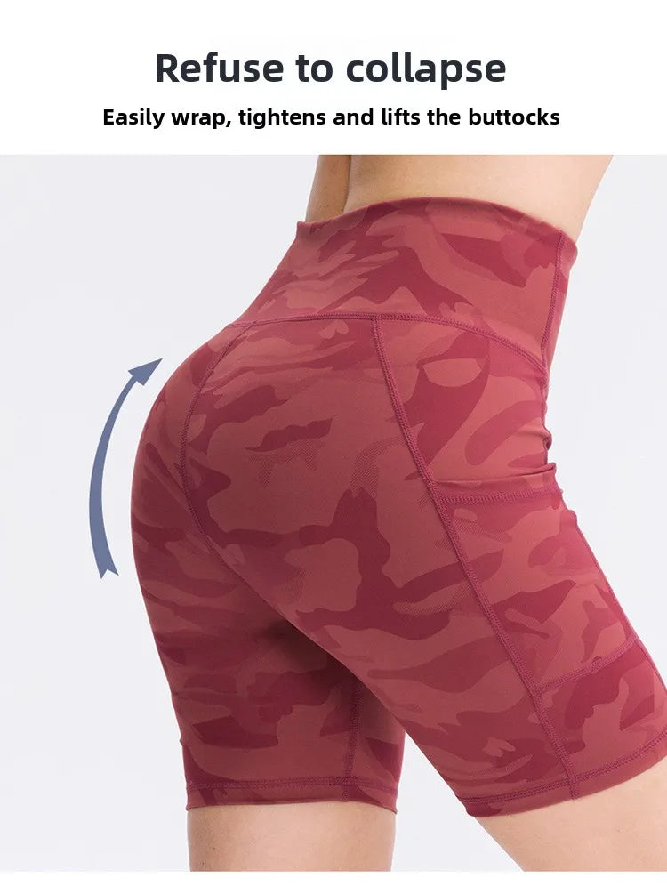Women's printed nude yoga shorts with pockets skin-friendly tight stretch quick-drying sports fitness hiking running shorts