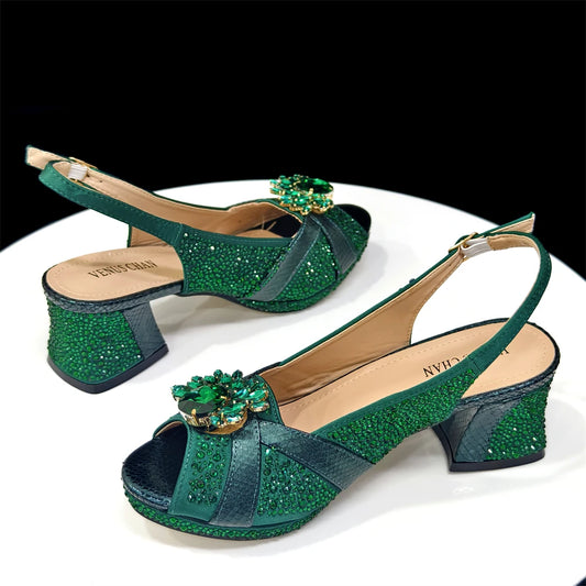 Elegant Green Peep-Toe Heel Pumps for Women with Diamond Accents - Italian Matching Shoes and Bags Set for Parties