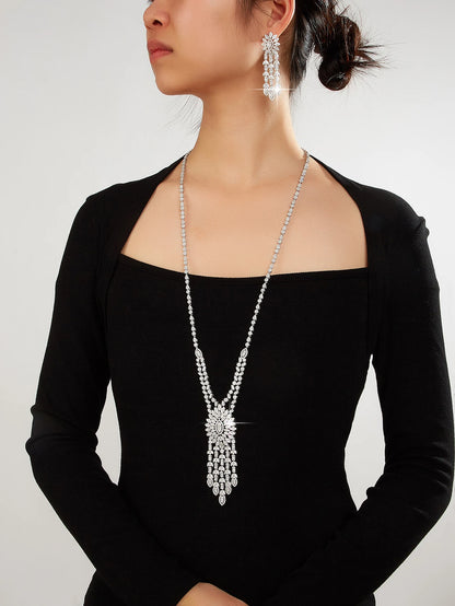 Long Sweater Chain Tassel Necklace Earring Set for Women Luxury Cubic Zirconia Bridal Jewelry Set Wedding Accessorie