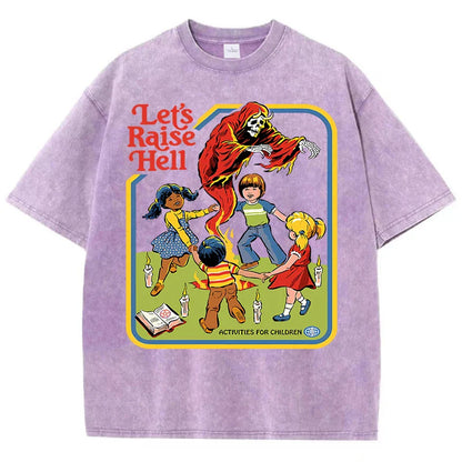 Let'S Raise Hell Printed Snow Wash Tee Shirts Man Breathable Cotton T Shirt Sportwear Clothing Crewneck Loose Short Sleeve