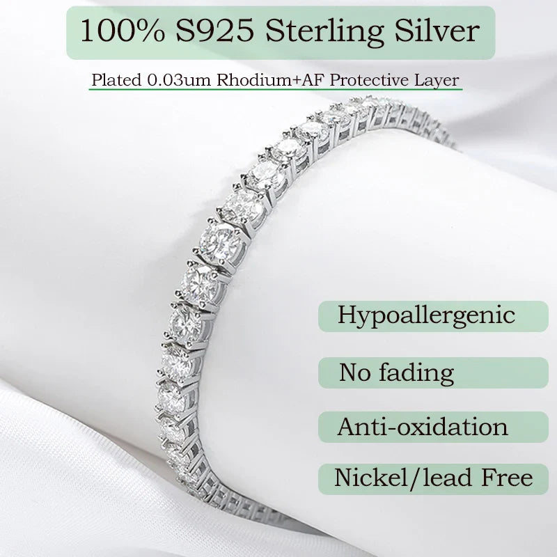 2-6.5mm Real Moissanite Tennis Bracelet for Women Christmas Gift Platinum Plated 100% 925 Sterling Silver Wedding Jewelry