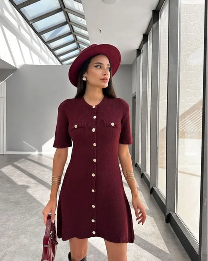 Elegant Knit Mini Dress Women Street Slim High Waist Short Sleeve Rib Sweater Dresses Vacation Bodycon Knitwear Dress
