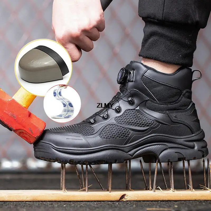 Construction Work Boots Men Steel Toe Safety Shoes Rotated Button Anti-smash Puncture Proof Sneakers Man High Top Security Boot