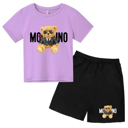 Boys Girls Summer Casual 2Pcs Set Lovely Bear Letter Print T-shirt & Shorts Comfortable Sports Running Suit