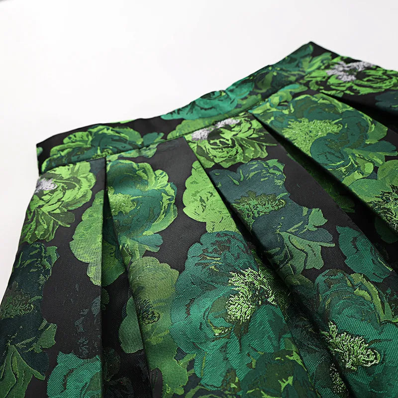 High Quality Elegant Lady Hepburn Style Mid-long Puff Skirt All-match Spring Autumn High Waist Green Jacquard Women A-line Skirt