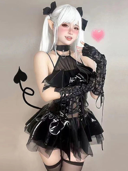 Dress Women Harajuku Streetwear Grunge Bandage Hollow Out Bats Dress Punk Y2k E-girl Mall Gothic Clothes