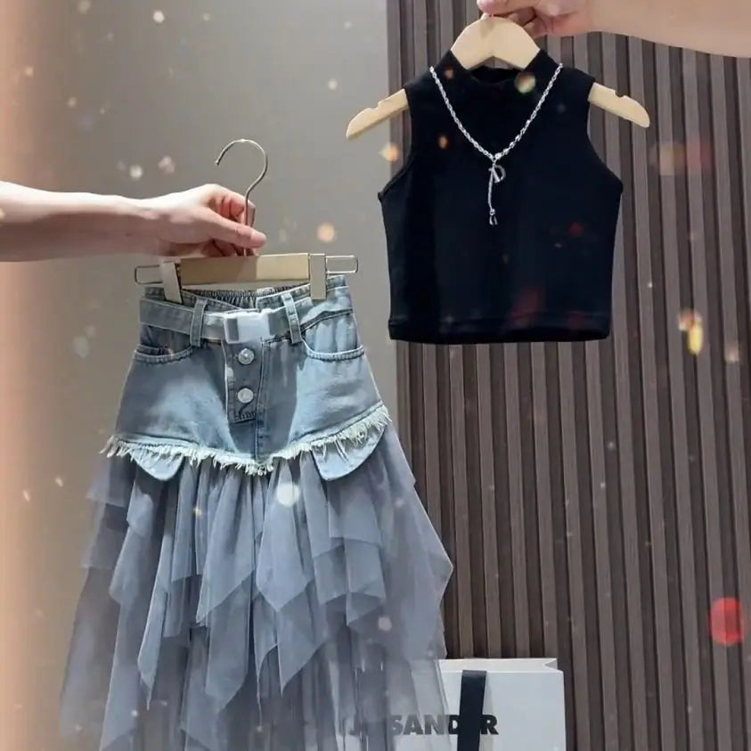 Girls' Summer New Set 2025 Korean Version Baby Girl Tank Top Mesh Splicing Cowboy Skirt Set kids jacket