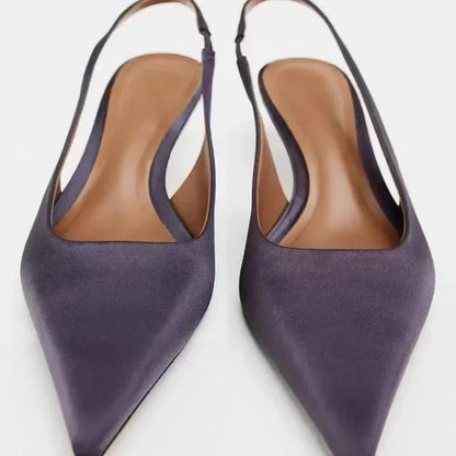 Elegant Purple Satin Low Heel Women Pumps Sexy Pointed Toe High Heels for Women Hollow Back Strap Mules Fashion Party Dress Shoe