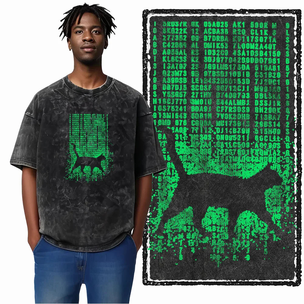 cat Printed Cotton Acid Washed Exclusive Graphic Unisex T Shirt Cool Streetwear Men Tshirts Big Size Tee for men