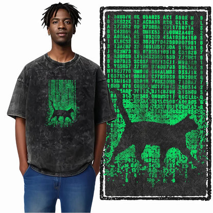 cat Printed Cotton Acid Washed Exclusive Graphic Unisex T Shirt Cool Streetwear Men Tshirts Big Size Tee for men