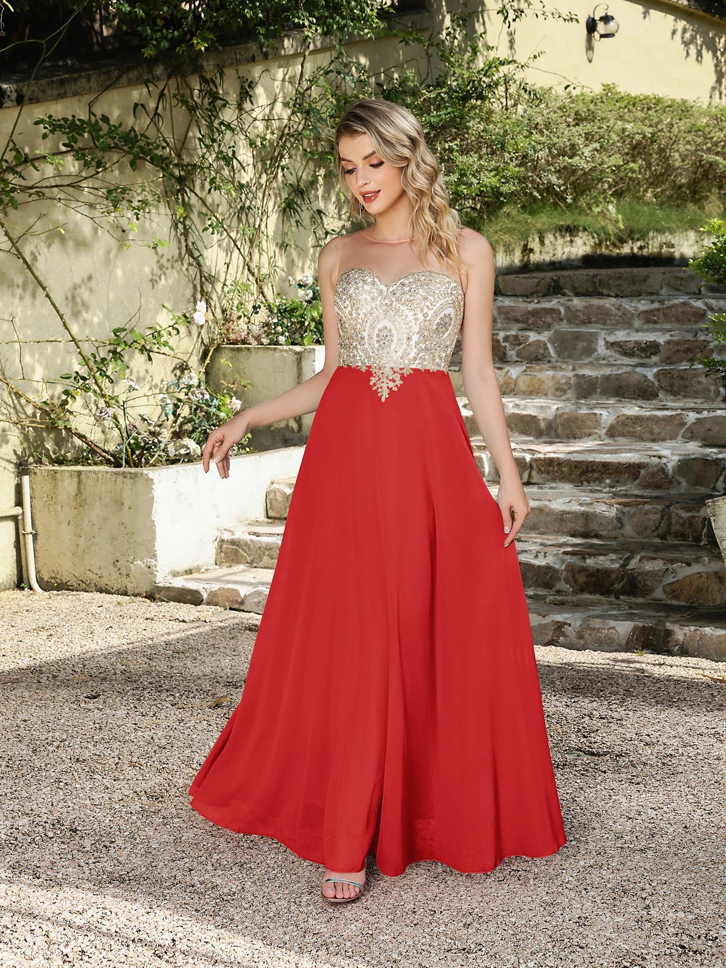 Elegant Sweetheart Prom Dress with Gold Embroidered Bodice & Flowing Chiffon Skirt for Homecoming & Formal Events
