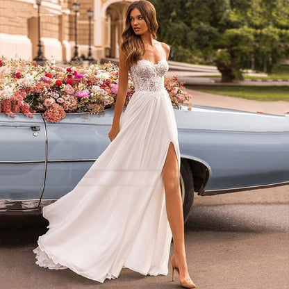 Beach Sweetheart  Wedding Dress Srapless Slit Chiffon Sexy Backless Lace Applique Bridal Gown Train Vestido De Noiva Customized
