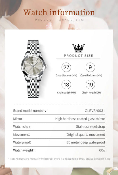 Elegant Fashion Women's Watches Luxury Brand Original Quartz Watch for Ladies Waterproof Stainless Steel Luminous Date