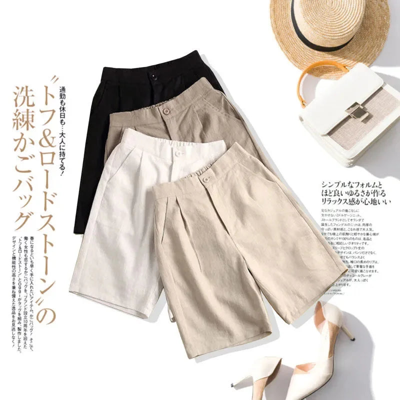 Khaki Solid Casual Linen Cotton Elastic High Waist Wide Leg Button Loose Women's Shorts Korean Fashion Summer Shorts Women 2024