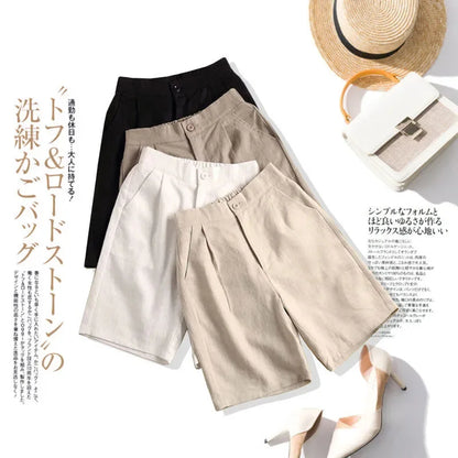 Khaki Solid Casual Linen Cotton Elastic High Waist Wide Leg Button Loose Women's Shorts Korean Fashion Summer Shorts Women 2024