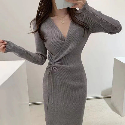 V-ne Knitted Wrap Waist Slimming Mid-length A-line Dr Women's Sweater Dr Korean Sle High Waist Long Sve