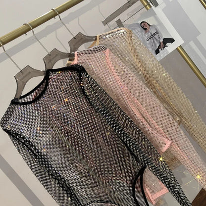 Women's Shiny Rhinestone Fishnet See-Through Bodysuit Mesh Fashion Sexy Bodysuit