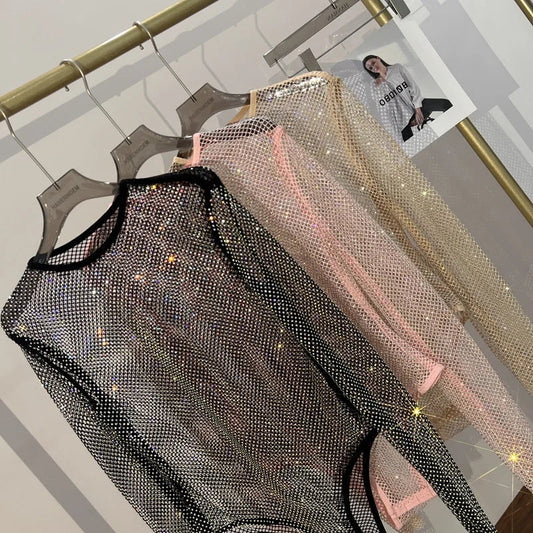Women's Shiny Rhinestone Fishnet See-Through Bodysuit Mesh Fashion Sexy Bodysuit