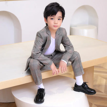 Spring Autumn Kids Boys Suits Elegant Children Boys Plaid Blazer Pant Suits Outfits Set Young Teenager Boys Formal Wedding Suits