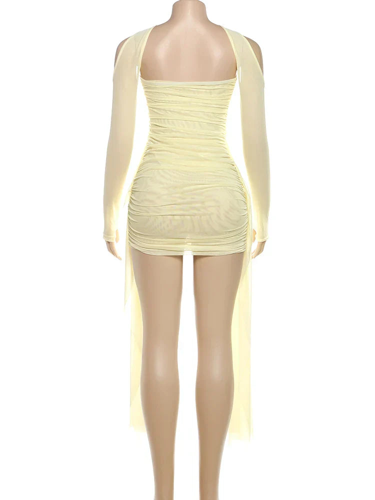 Mesh Simple Women Mini Dress Fashion Solid Strapless Ribbons Tassel Body-shaping Vestidos+Seperately Full Sleeve Gloves