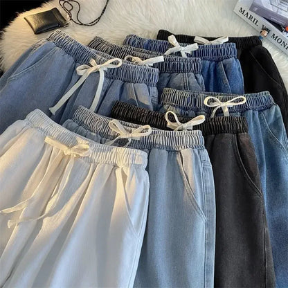 Loose Fit High Waist Elastic Waistband Summer Thin Denim Jeans Women Straight Leg Nine-Tenths Length Trendy American Street Styl