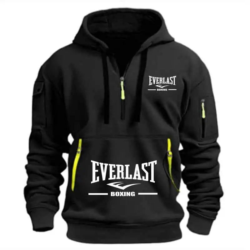 Men's Fashion Casual Hoodie Multi-pocket Sports Long-sleeve Sweatshirt Up Down Print Warm Half Zip Hooded Fitness Pullover Good